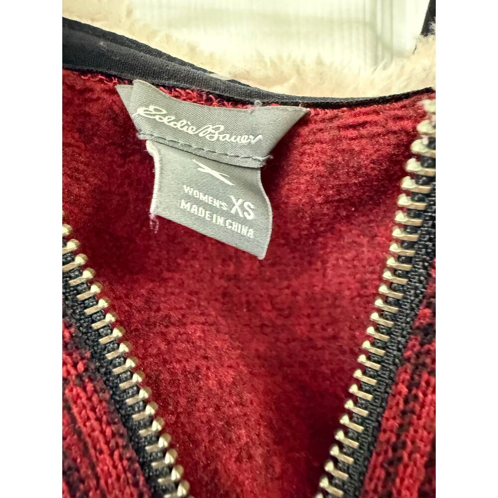 Eddie Bauer NWOT XS buffalo plaid red black vest sherpa tan hoodie women's - Picture 6 of 7